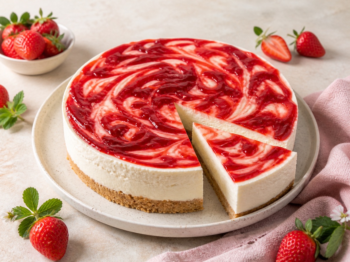 Cheesecake met aardbeienjam