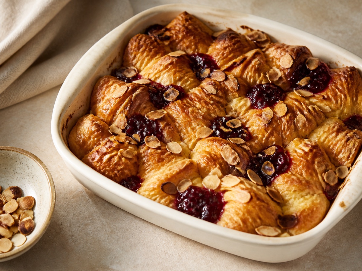 Croissantbroodpudding met kersenjam