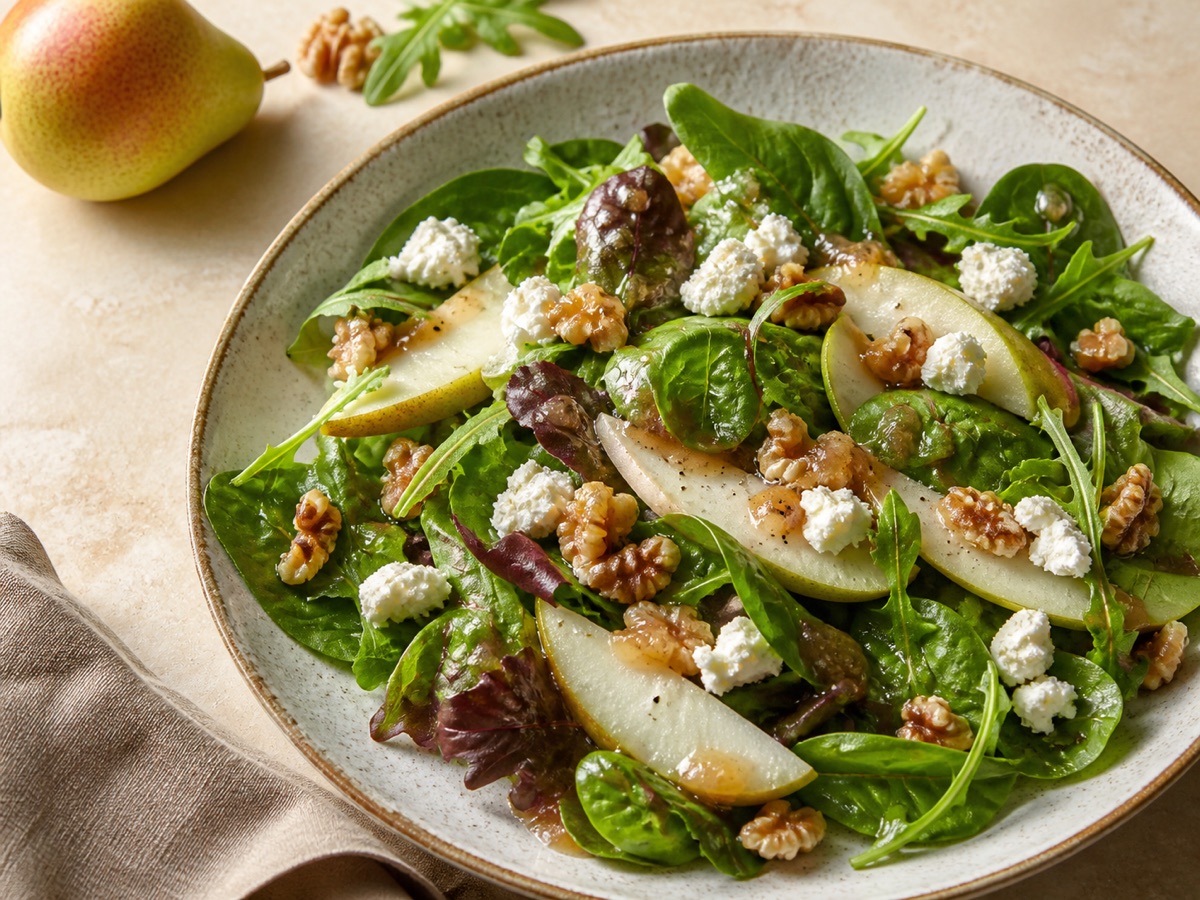 Geitenkaassalade met perenjamdressing