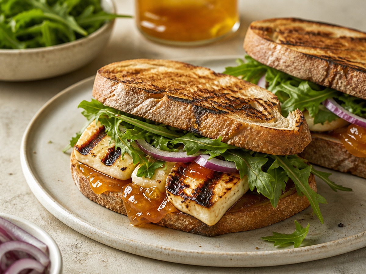 Halloumi-sandwich met perzikjam