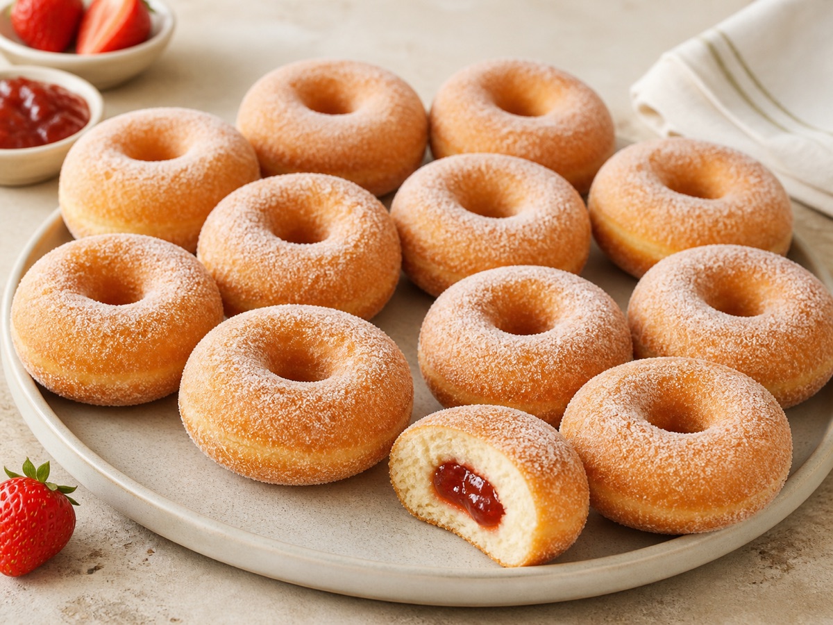 Ovendonuts met aardbeienjam