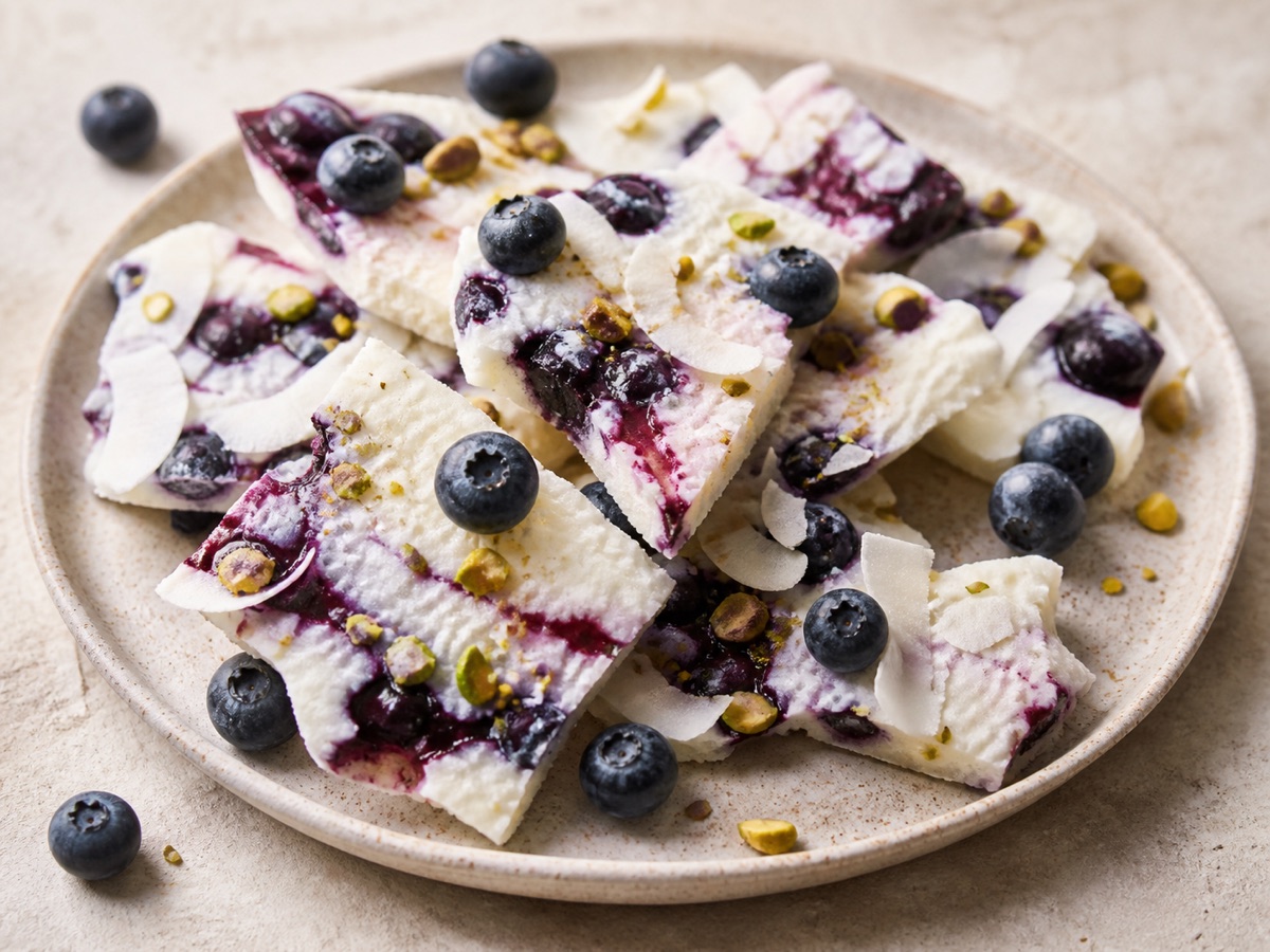 Yoghurt bark met blauwe-bessenjam